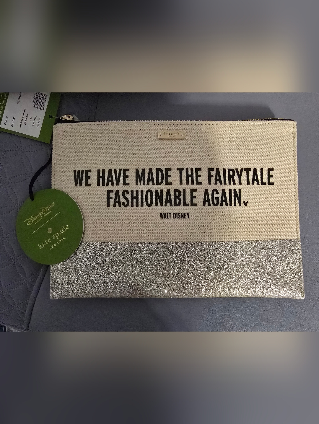 Kate Spade Beige Canvas And Silver Glitter Quote Clutch